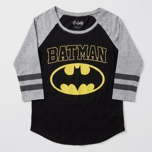 Batman DC Comics Raglan T-Shirt Women Small Black Gray 3/4 Sleeve Graphic Tee